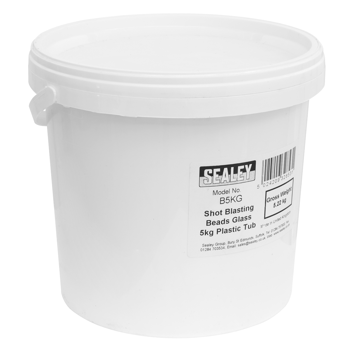 Sealey Shot Blasting Beads Glass 5kg Plastic Tub 180-300 Microns White B5KG