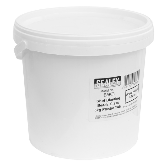 Sealey Shot Blasting Beads Glass 5kg Plastic Tub 180-300 Microns White B5KG