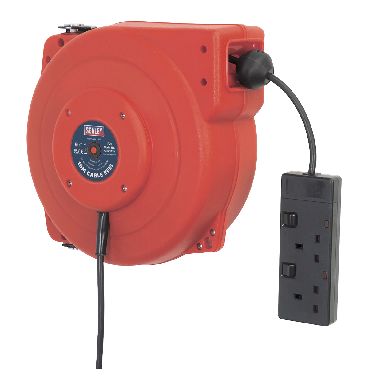 Sealey Cable Reel System Retractable On/Off Switches 10M 2 x 230V Socket CRM10