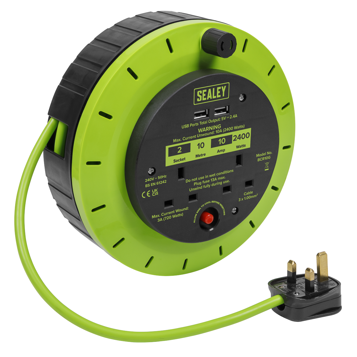 Sealey Cassette Type Cable Reel Green with Thermal Trip 2x 230V 2x USB 10m