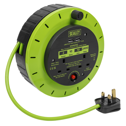 Sealey Cassette Type Cable Reel Green with Thermal Trip 2x 230V 2x USB 10m