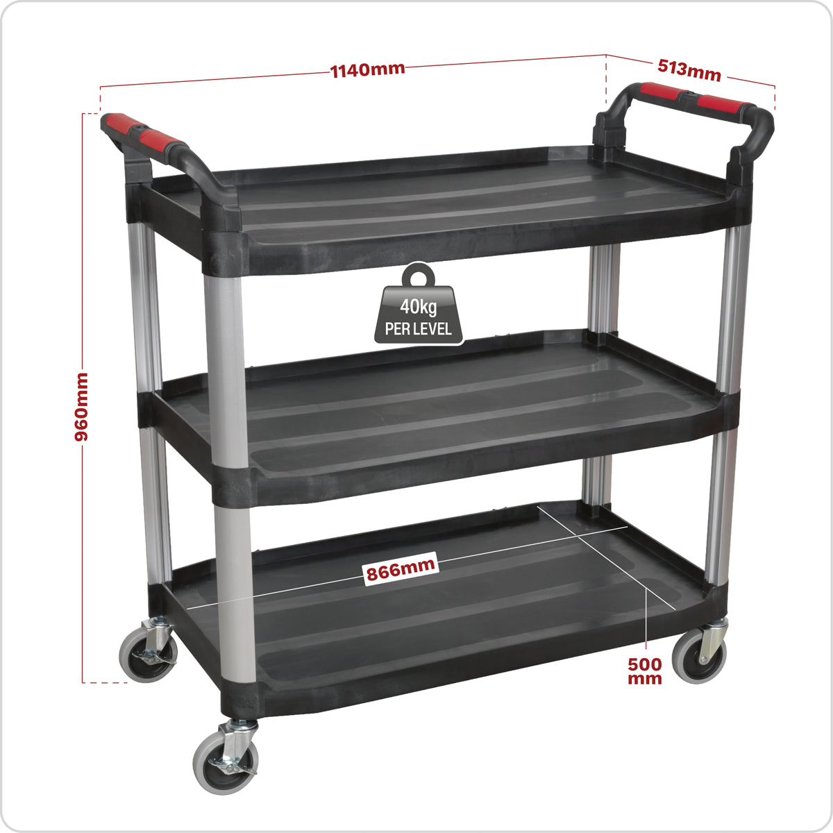 Sealey 3-Level Composite Workshop Trolley 40kg Capacity per Shelf CX310