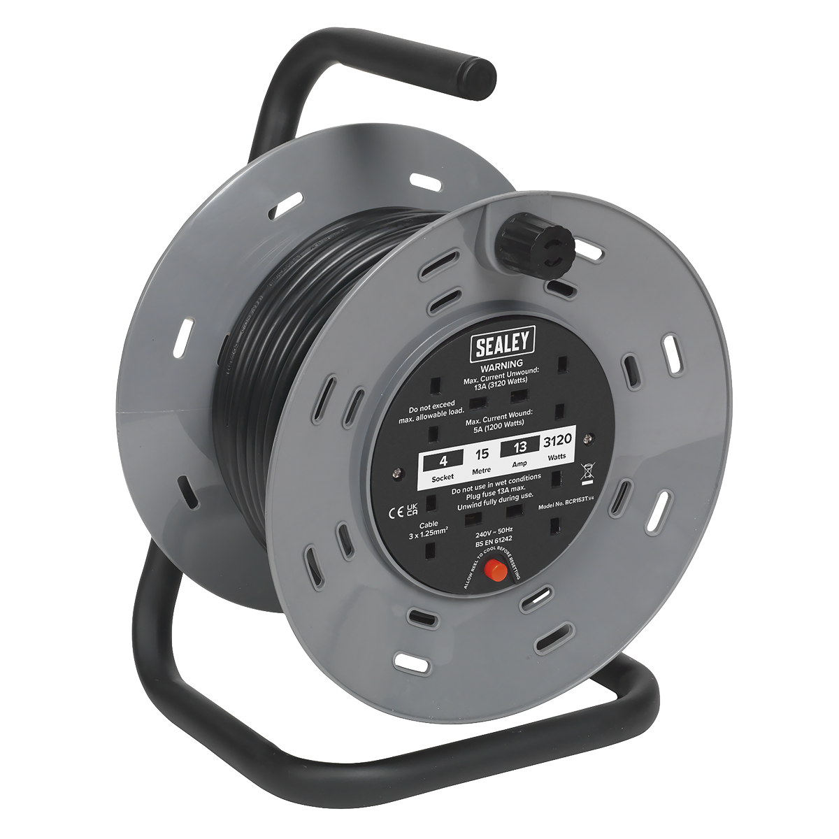 Sealey Cable Reel 15 Meters 3 Core 4x 230V Sockets With Thermal Trip BCR153T