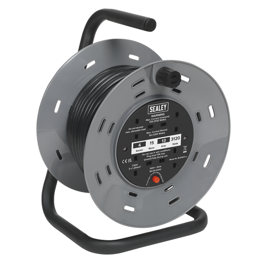 Sealey Cable Reel 15 Meters 3 Core 4x 230V Sockets With Thermal Trip BCR153T