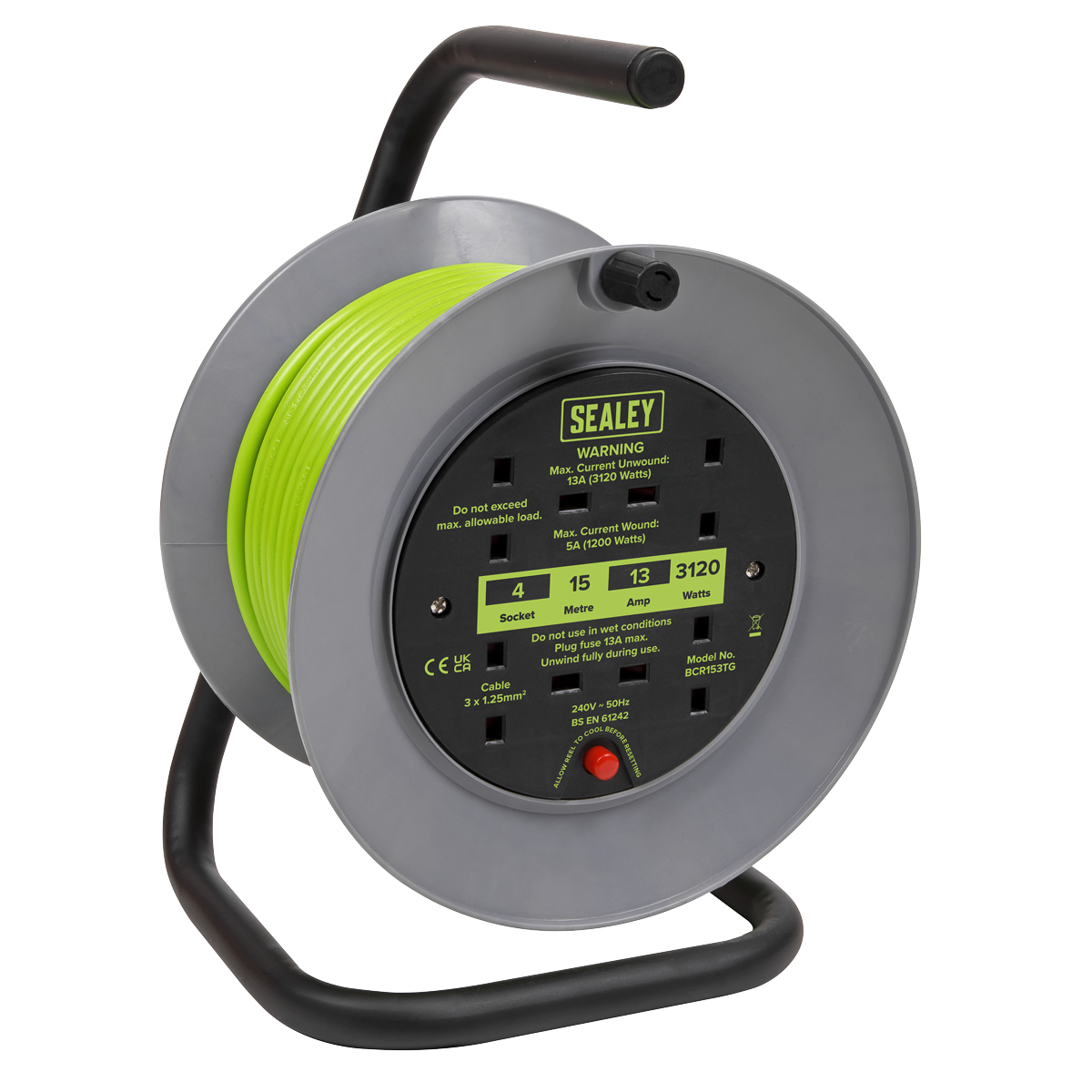 Sealey Cable Reel With Thermal Trip 4x 230V 15m Portable Durable Green BCR153TG