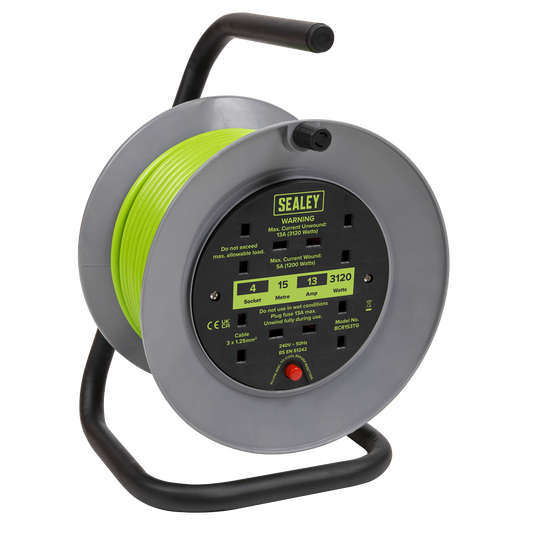 Sealey Cable Reel With Thermal Trip 4x 230V 15m Portable Durable Green BCR153TG