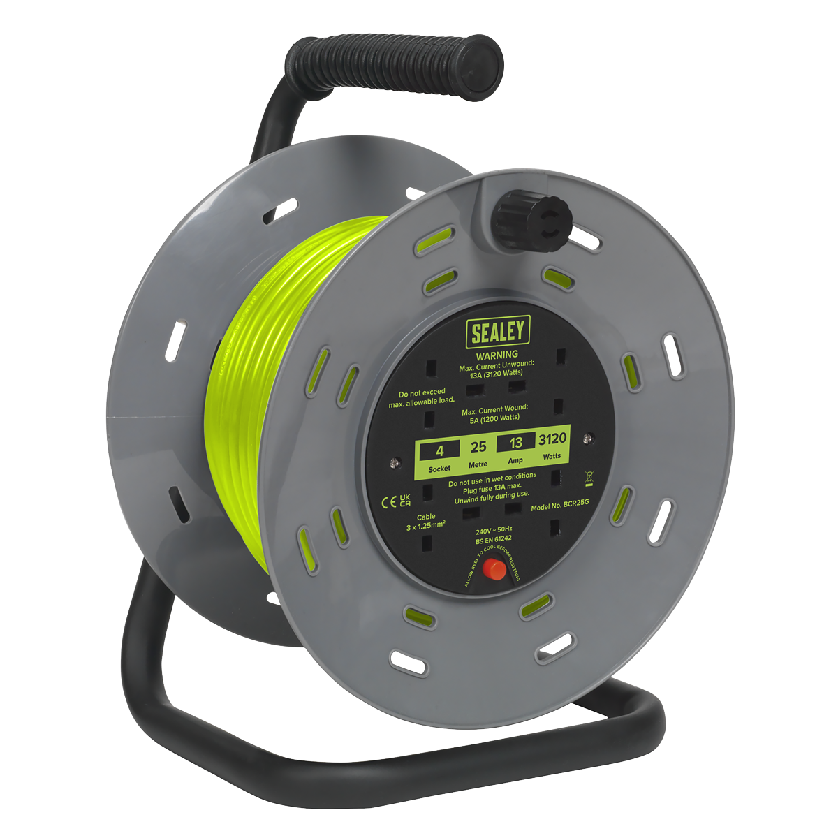 Sealey Cable Reel With Thermal Trip 4x 230V Sockets 25m Portable Durable Green