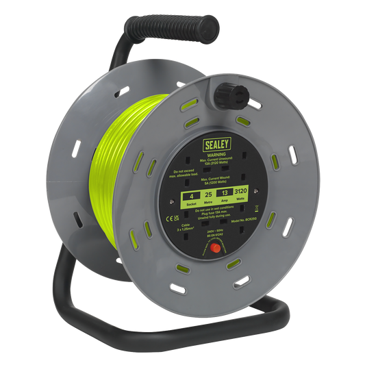 Sealey Cable Reel With Thermal Trip 4x 230V Sockets 25m Portable Durable Green