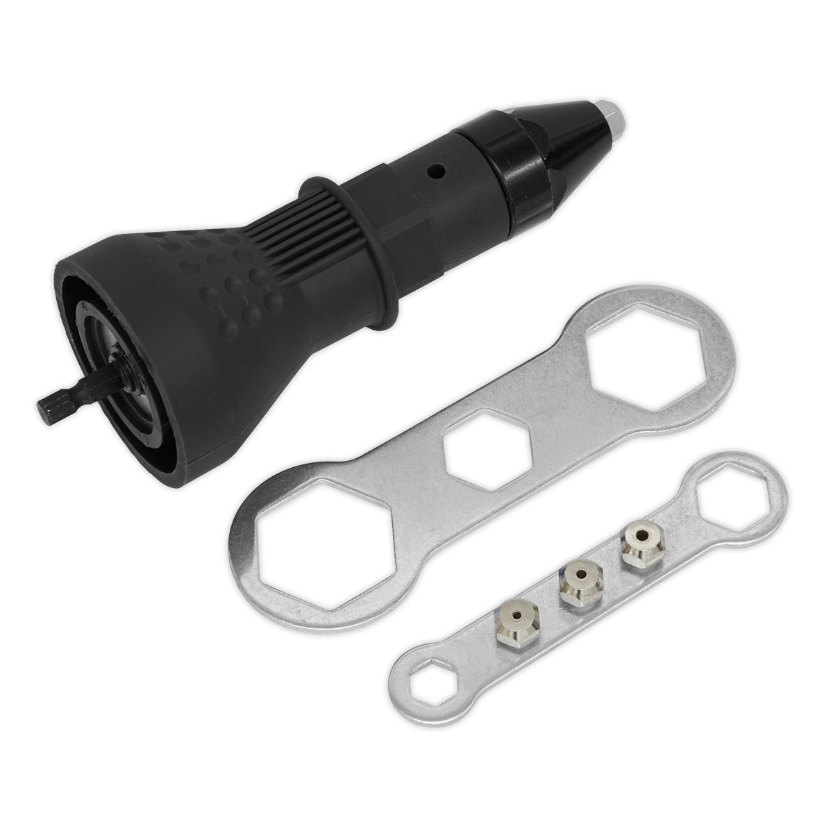 Sealey Riveter Adaptor Drill Powered With 2.4 3.2 4 & 4.8mm Nozzles DRA01