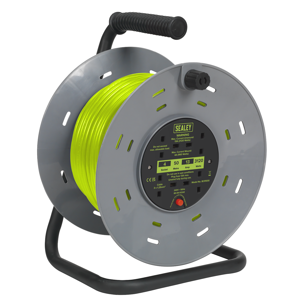Sealey Cable Reel With Thermal Trip 4x 230V Sockets 50m Portable Durable Green