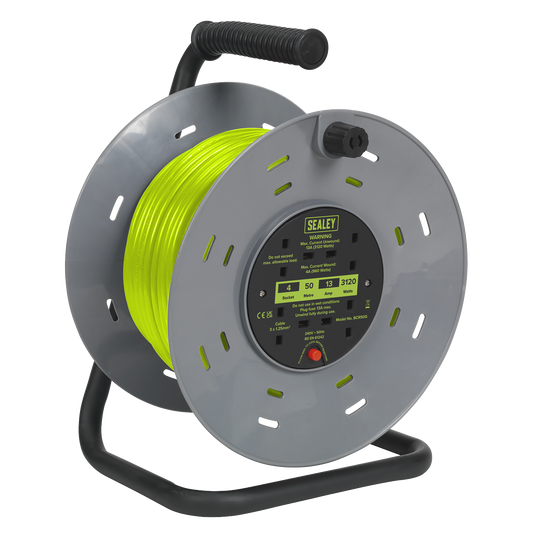 Sealey Cable Reel With Thermal Trip 4x 230V Sockets 50m Portable Durable Green