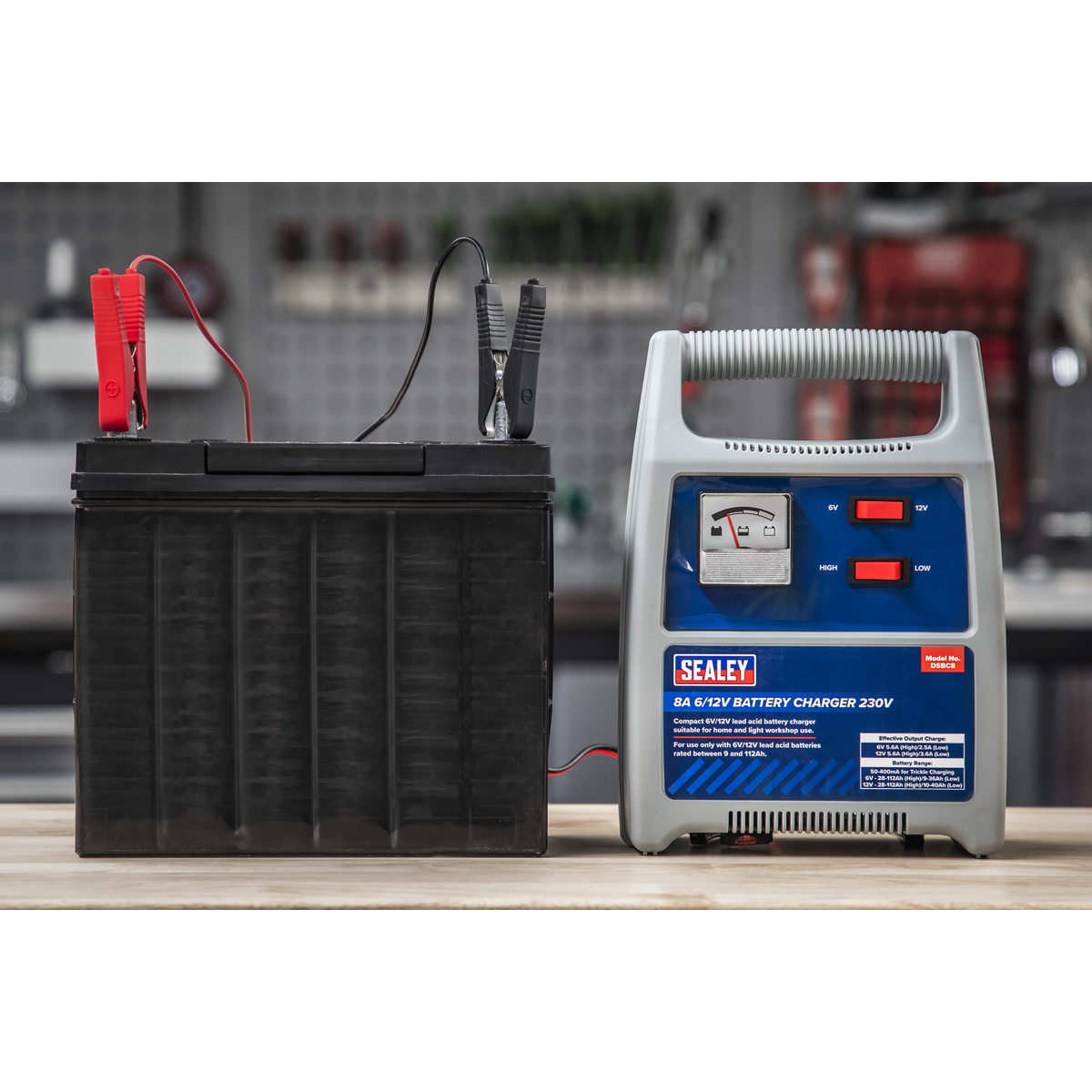Sealey Battery Charger 1.8m Cable With Insulated Clamps 8A 6/12V 230V DSBC8