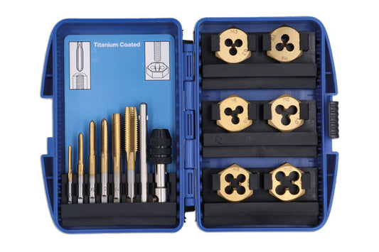 LASER 4026 Metric Tap & Die Set 13pc Titanium Coated M3-M10 With T-Bar Handle