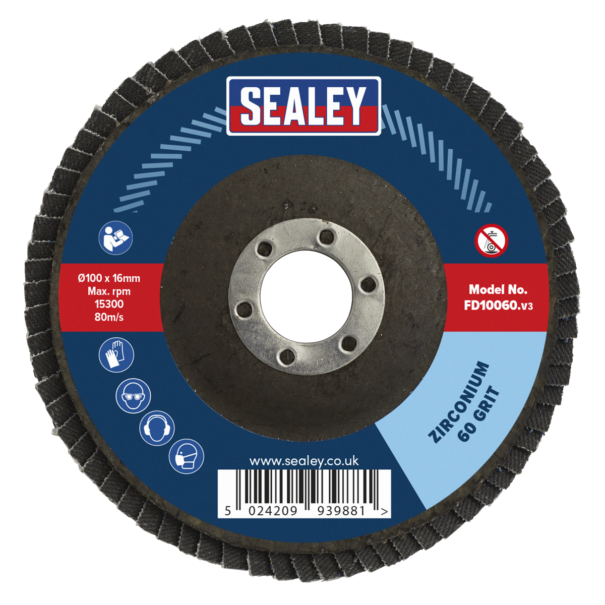 Sealey Flap Disc Zirconium Ø100mm 16mm Bore 60 Grit Abrasive Flaps FD10060