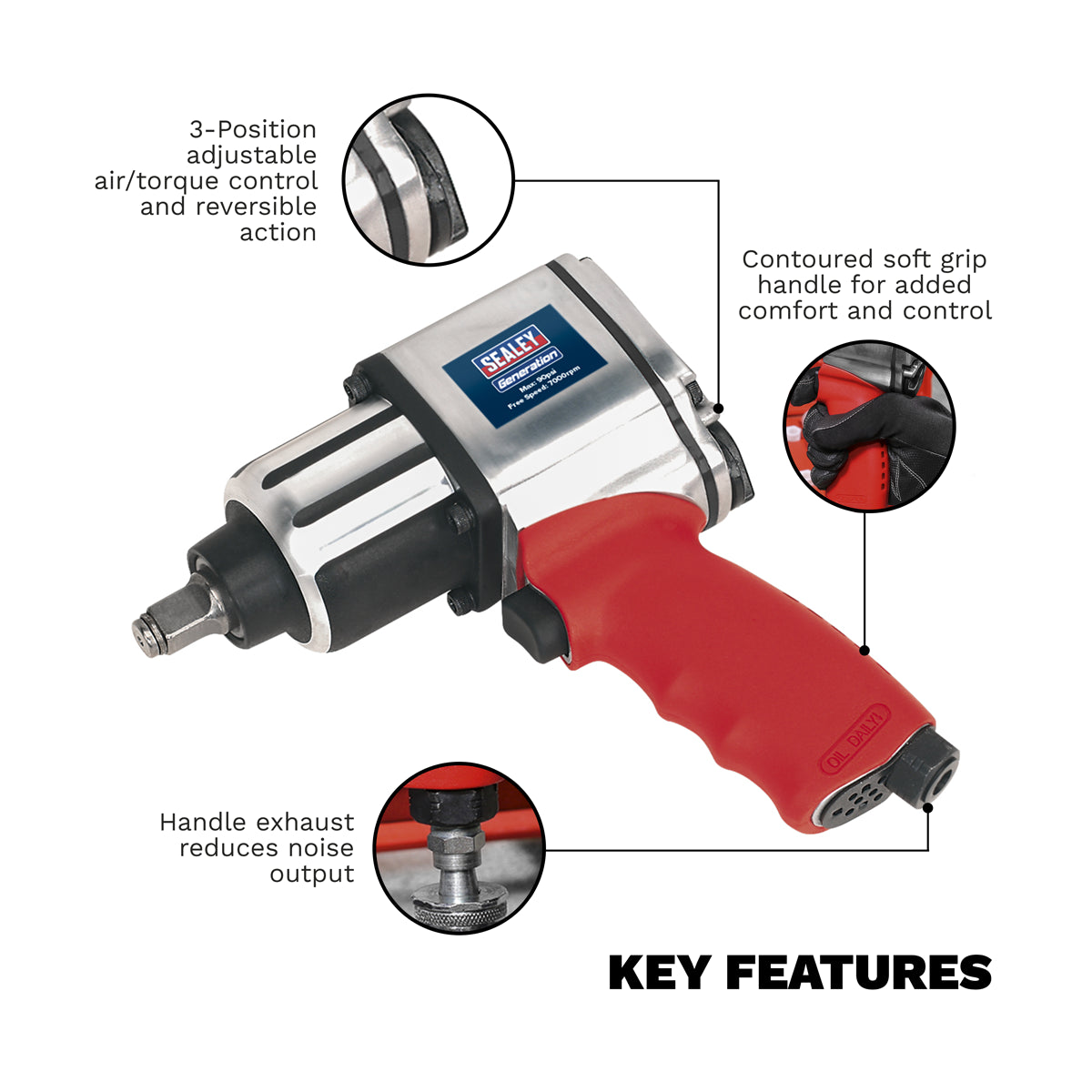 Sealey 1/2" Square Drive Air Impact Wrench - Twin Hammer 7000 RPM 90 PSI GSA02