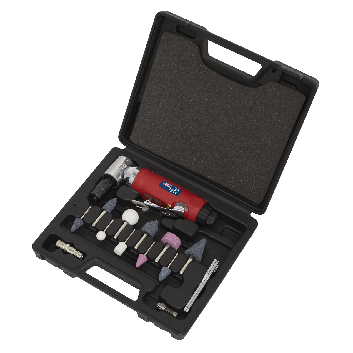 Sealey Air Die Grinder 90° Angle Kit With Low Noise Air Exhaust 15 Pieces GSA675