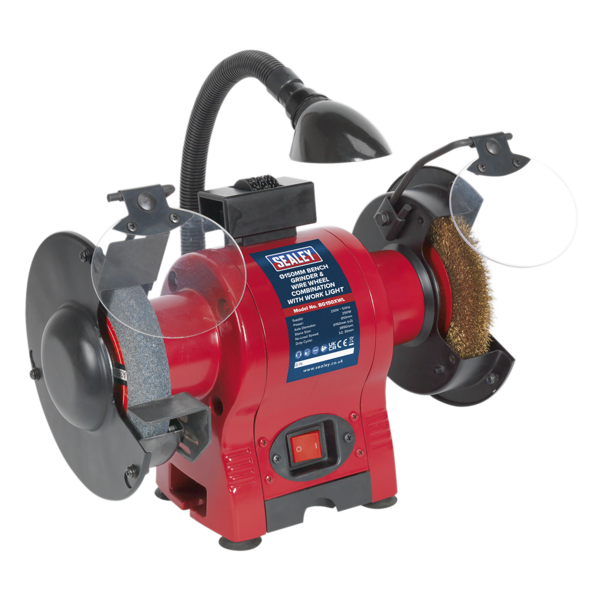 Sealey 230V Bench Grinder 150mm & Wire Wheel Combination W/ Work Light BG150XWL