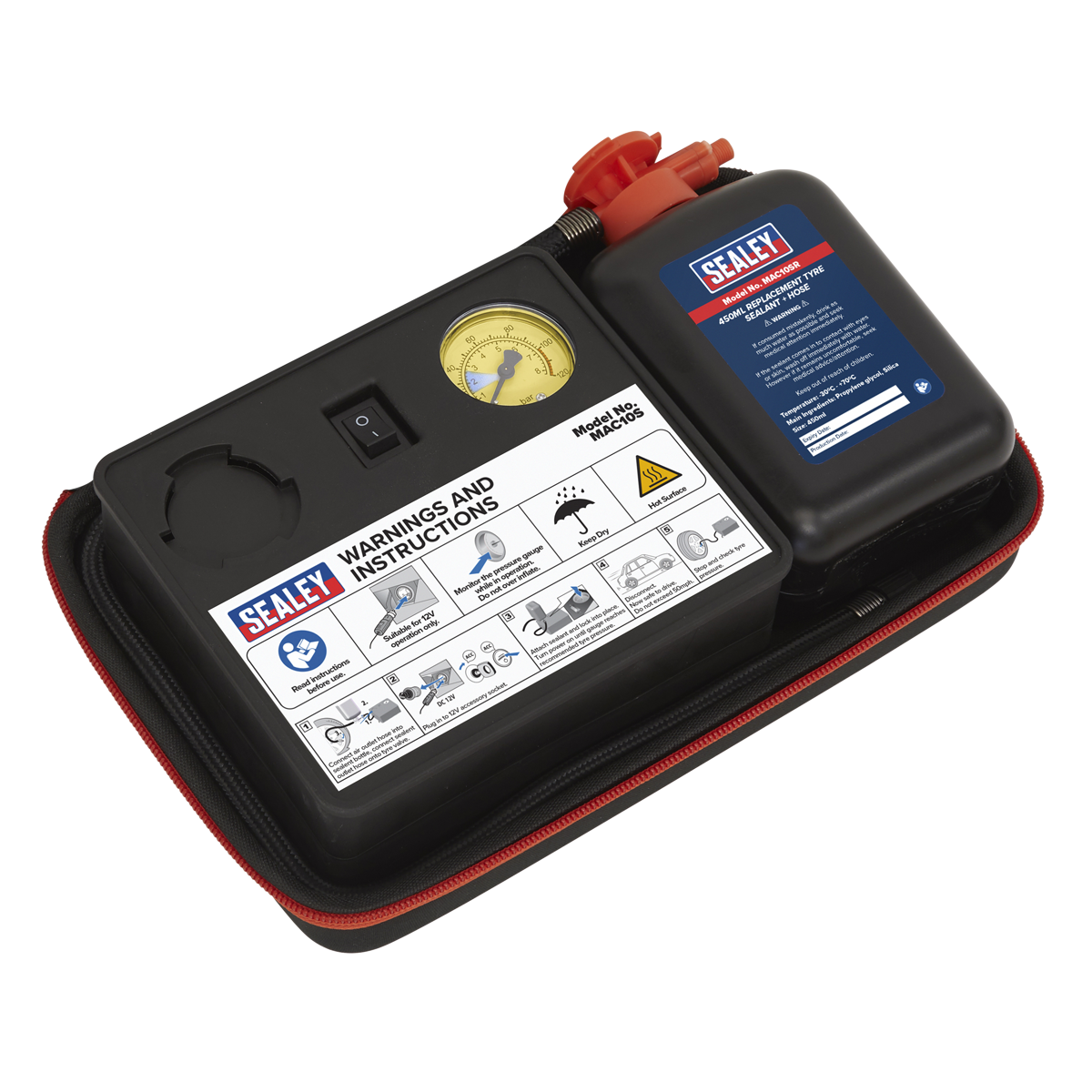 Sealey Tyre Inflator 12V + Emergency Puncture Sealant Kit 100PSI MAC10S