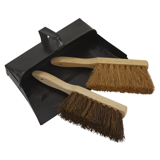 Sealey Dust Pan Metal + 2x Brushes Soft & Hard For Domestic & Workshop Jobs BM26