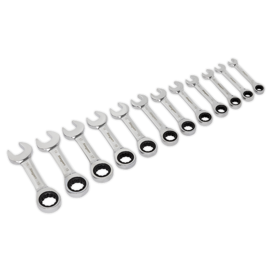 Sealey Stubby Ratchet Combination Spanner Set 12 Pieces Metric Tool Kit S0633
