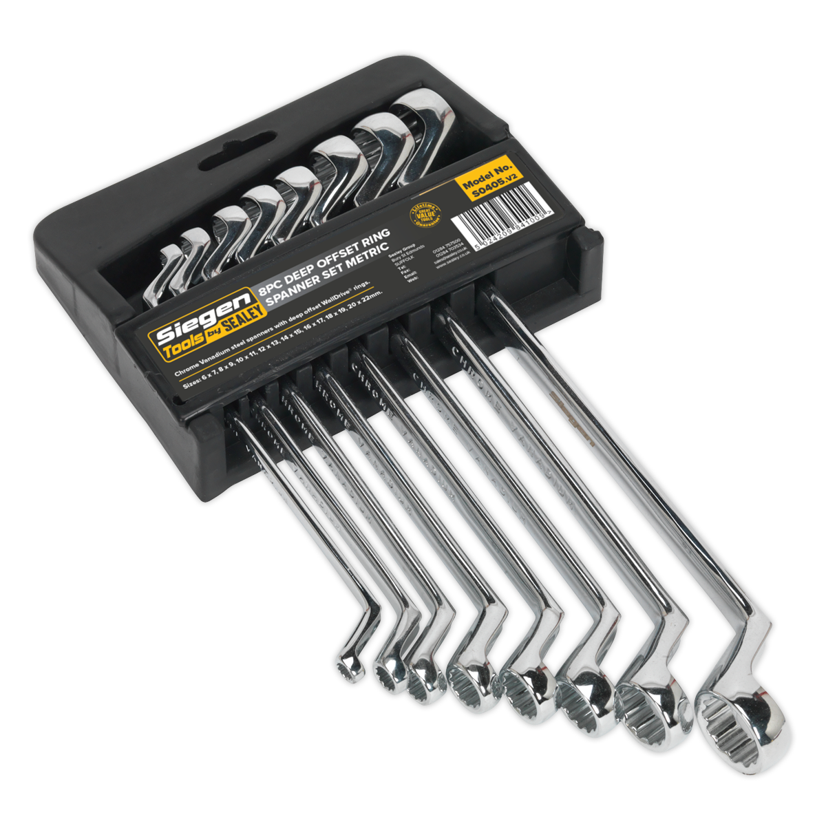 Sealey Deep Offset Ring Spanner Set 8 Pcs Metric Chrome Plated 6mm - 22mm S0405