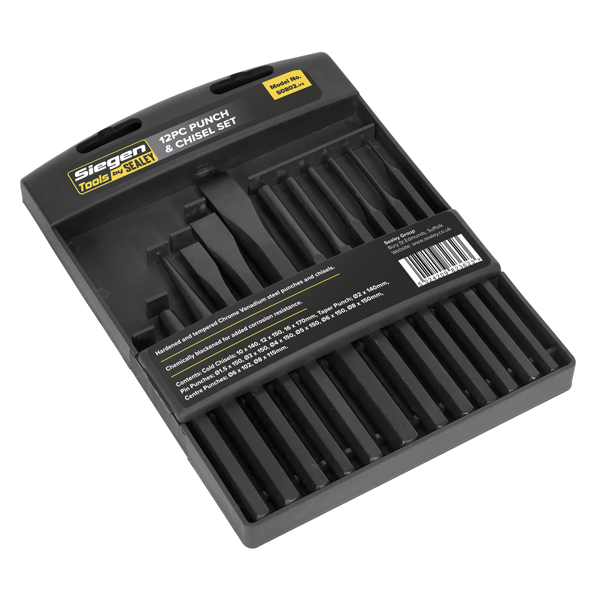 Sealey Punch & Chisel Set Hardened Tempered Chrome Vanadium Steel 12 Pcs S0802