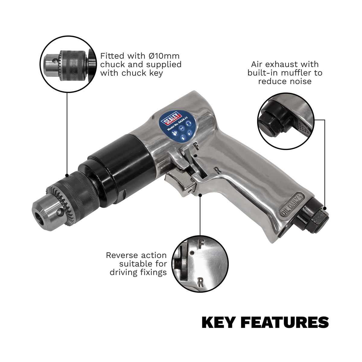 Sealey 10mm 1800 RPM Reversible Air Drill With Polished Aluminium Housing SA24