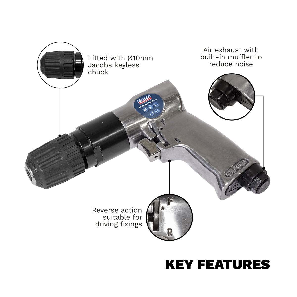Sealey Air Drill Ø10mm Reversible With Keyless Chuck & Reversible Action SA241