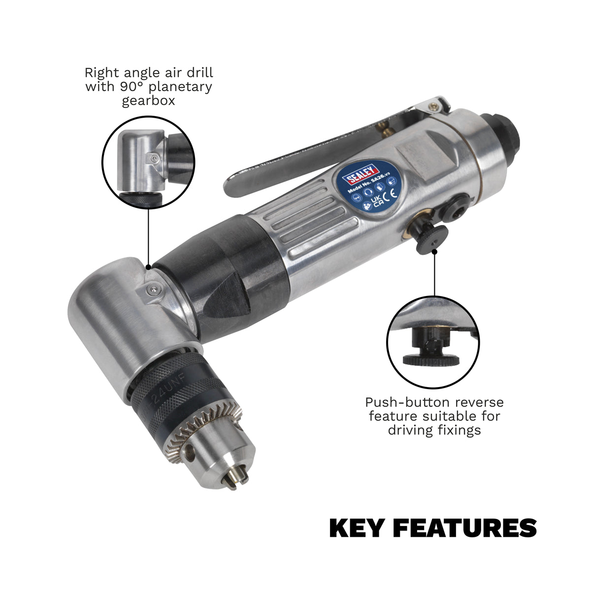 Sealey Ø10mm Air Angle Drill Reversible With 90° Planetary Gearbox SA26