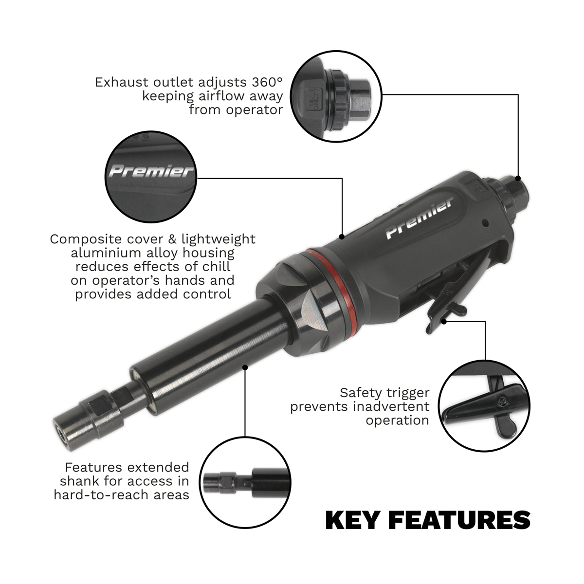 Sealey 260mm Air Die Grinder Maxi Size Long Reach Aluminium Alloy Housing SA656