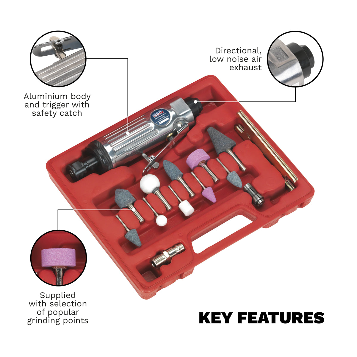 Sealey Air Die Grinder Kit With Aluminium Body & Trigger 16 Pieces SA67