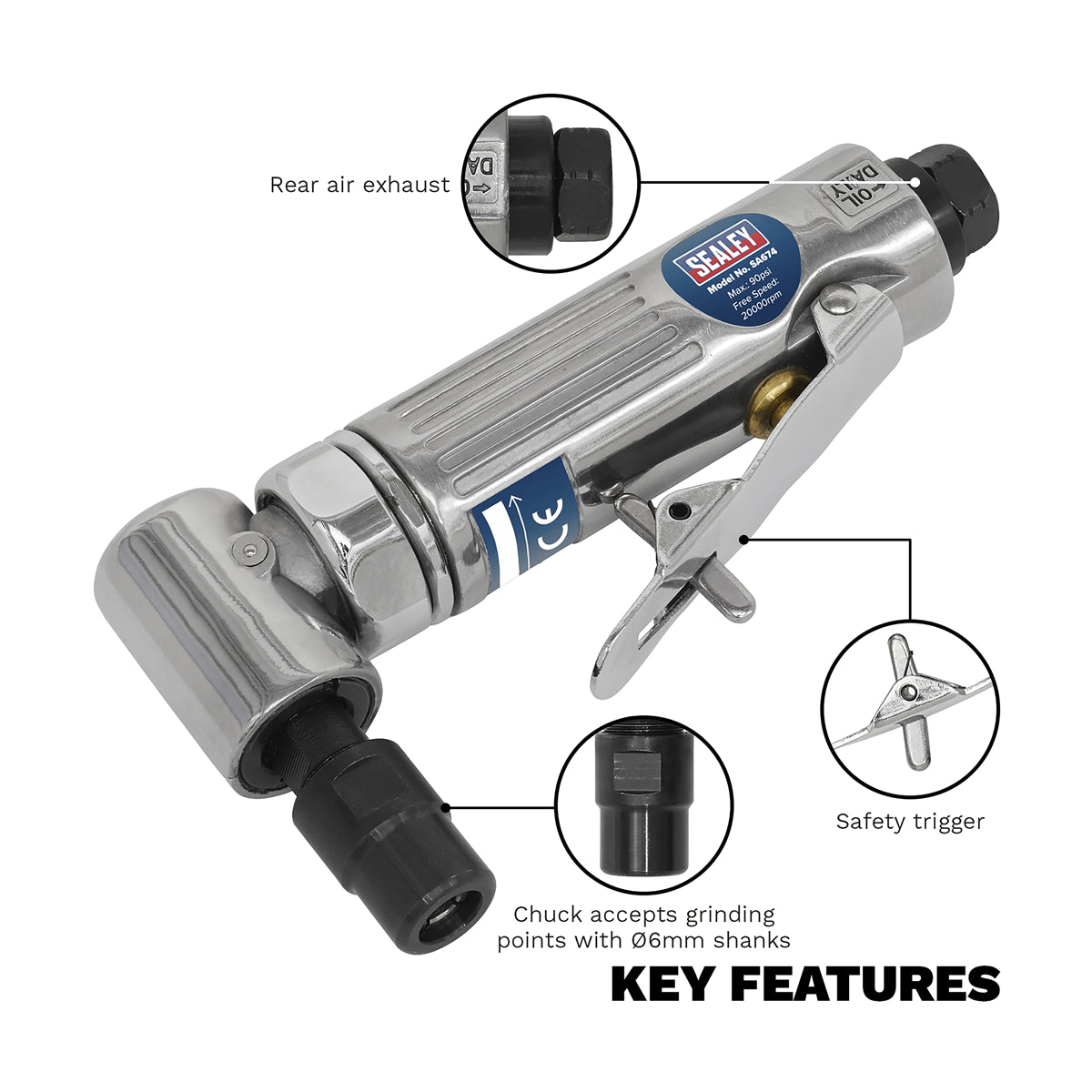 Sealey 90° Angle Air Die Grinder With Aluminium Body & Trigger Silver SA674