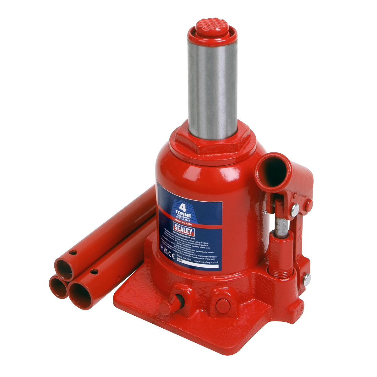Sealey Bottle Jack 4 Tonne Telescopic With Overload Valve & 3-Piece Handle SJT4