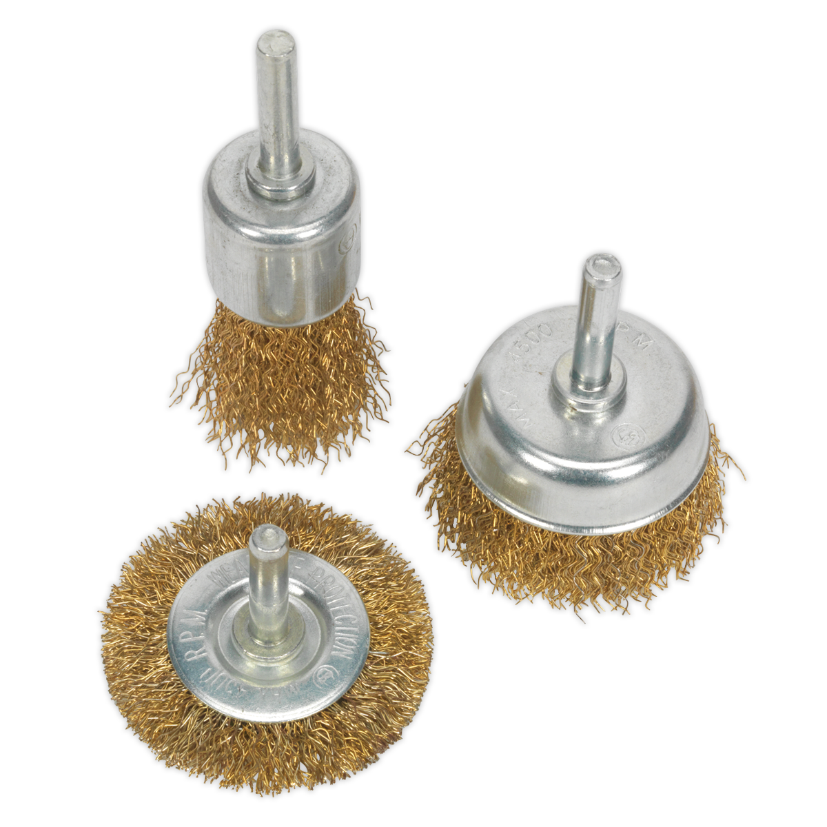 Sealey Wire Brush Set 3 Pieces Brassed Suitable For Power Tools 4500rpm BWBS03