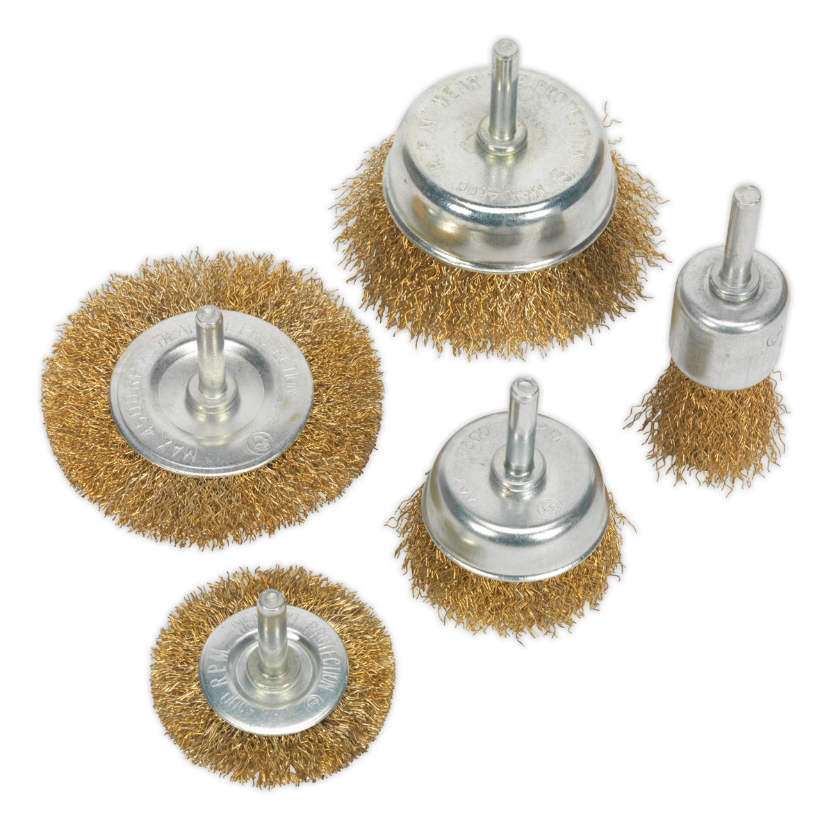 Sealey Wire Brush Set 5 Pcs Crimped Brassed Steel Filaments Shaft: Ø6mm BWBS05