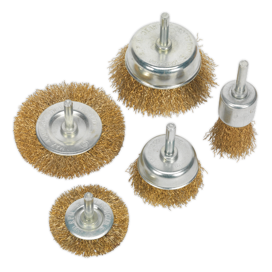 Sealey Wire Brush Set 5 Pcs Crimped Brassed Steel Filaments Shaft: Ø6mm BWBS05