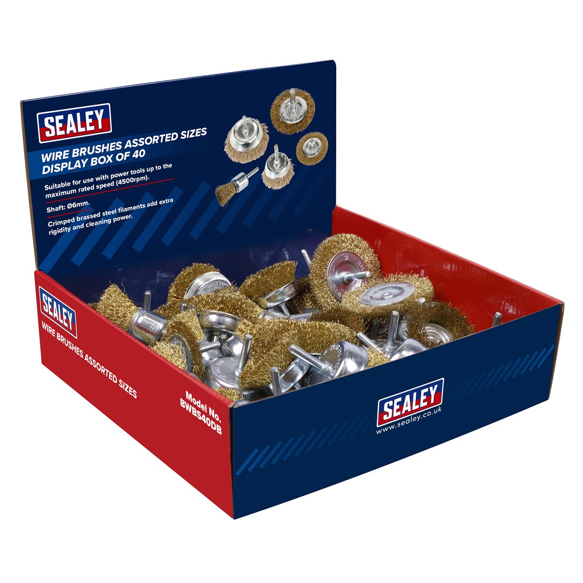 Sealey Wire Brushes Assorted Sizes Display Box of 40 Shaft: Ø6mm BWBS40DB