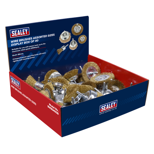 Sealey Wire Brushes Assorted Sizes Display Box of 40 Shaft: Ø6mm BWBS40DB