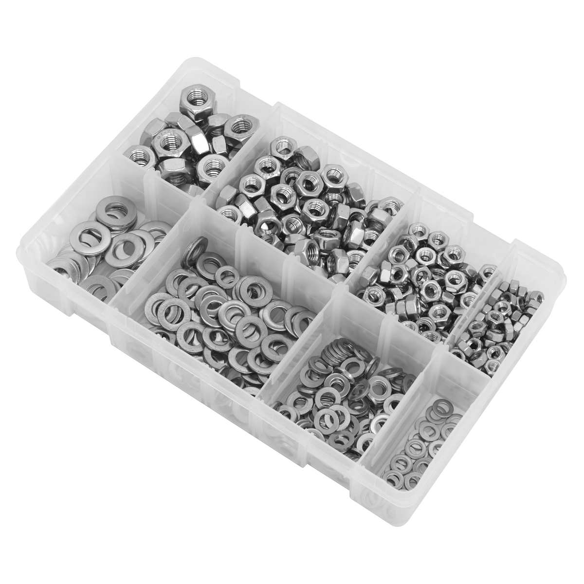 Sealey Stainless Steel Nut & Washer Assortment 500 Pieces + Box M5-M10 AB077NW
