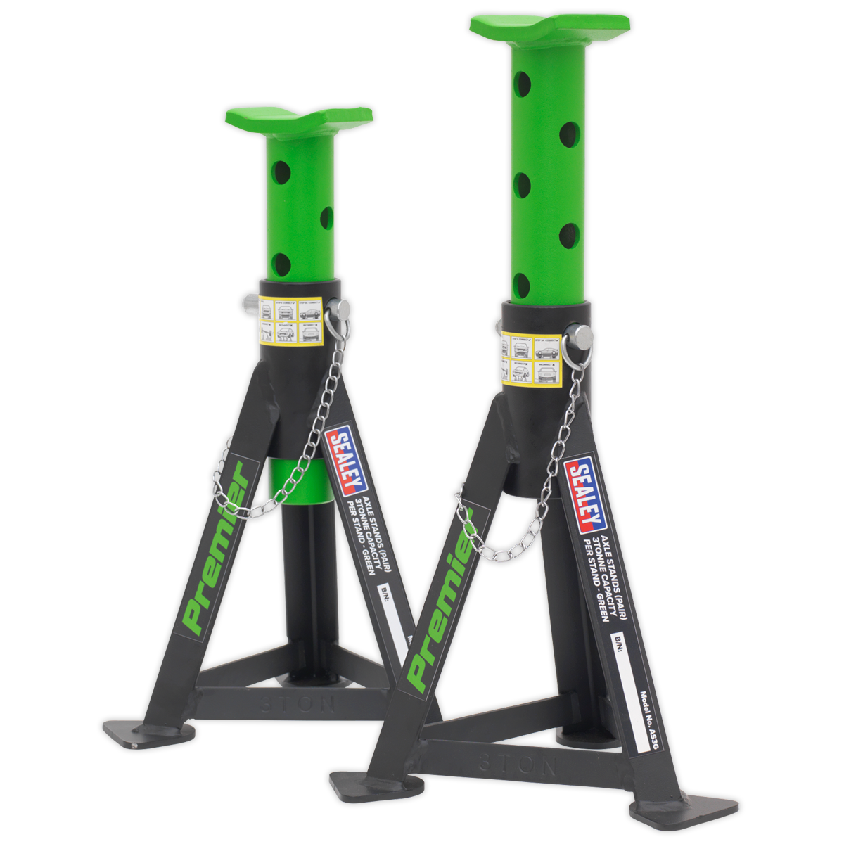 Sealey 2x Axle Stands Heavy Duty Lift 3 Tonne Capacity/Stand - Green AS3G