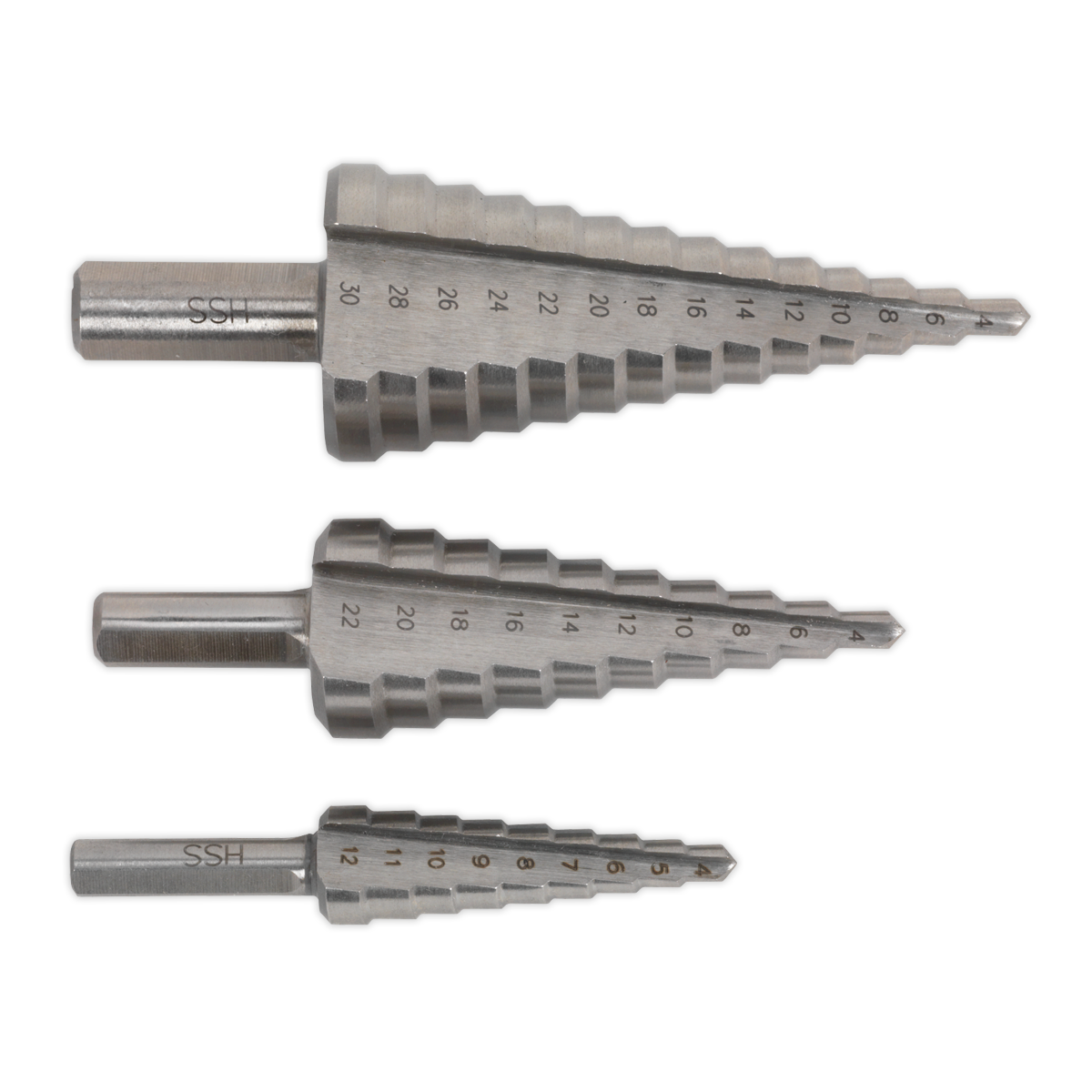 Sealey High-Speed Double Straight Flute M2 Step Drill Bit Set 3 Pieces AK4733