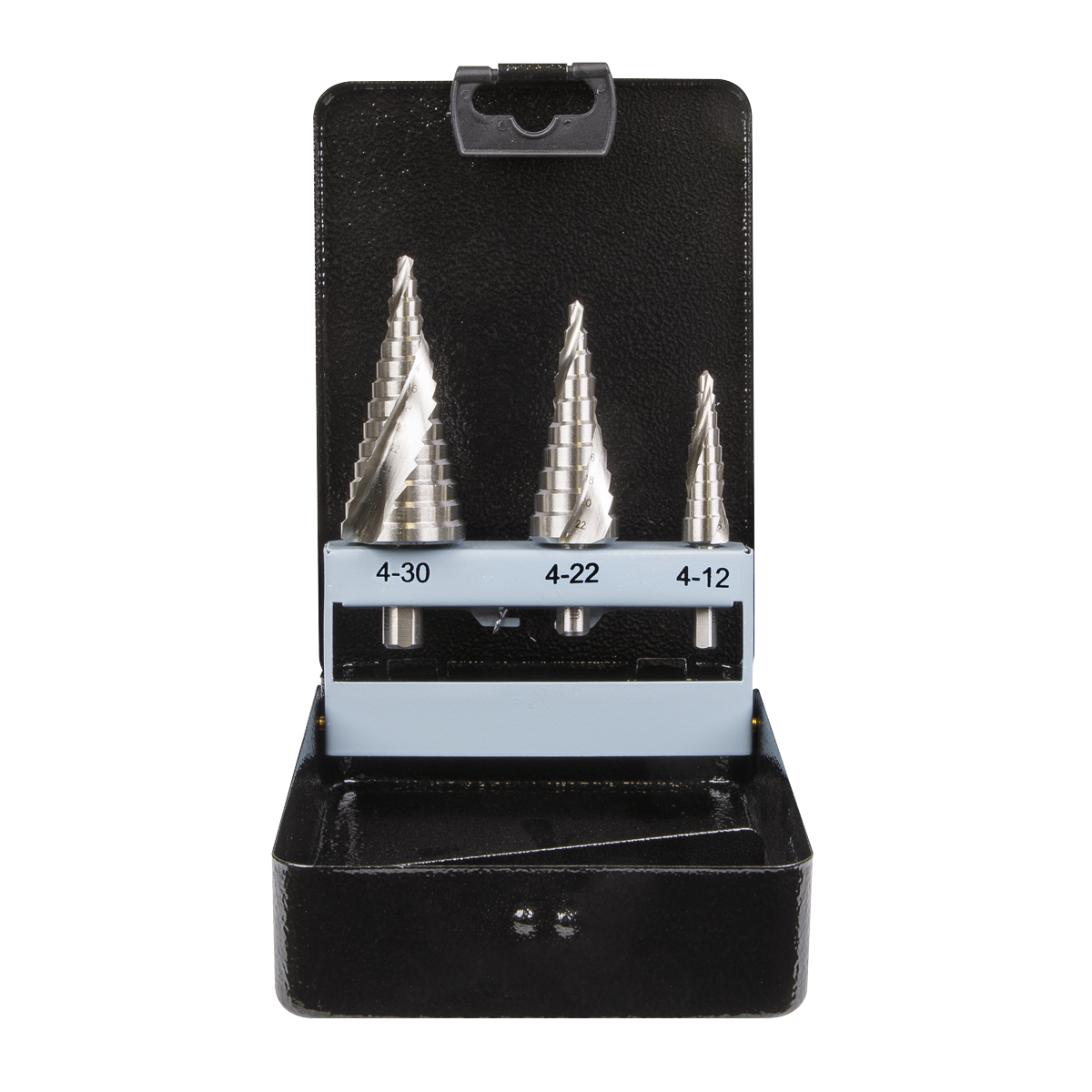 Sealey HSS 4341 Step Drill Bit Set Spiral Flute 3pc In Flip-Up Metal Case AK4749