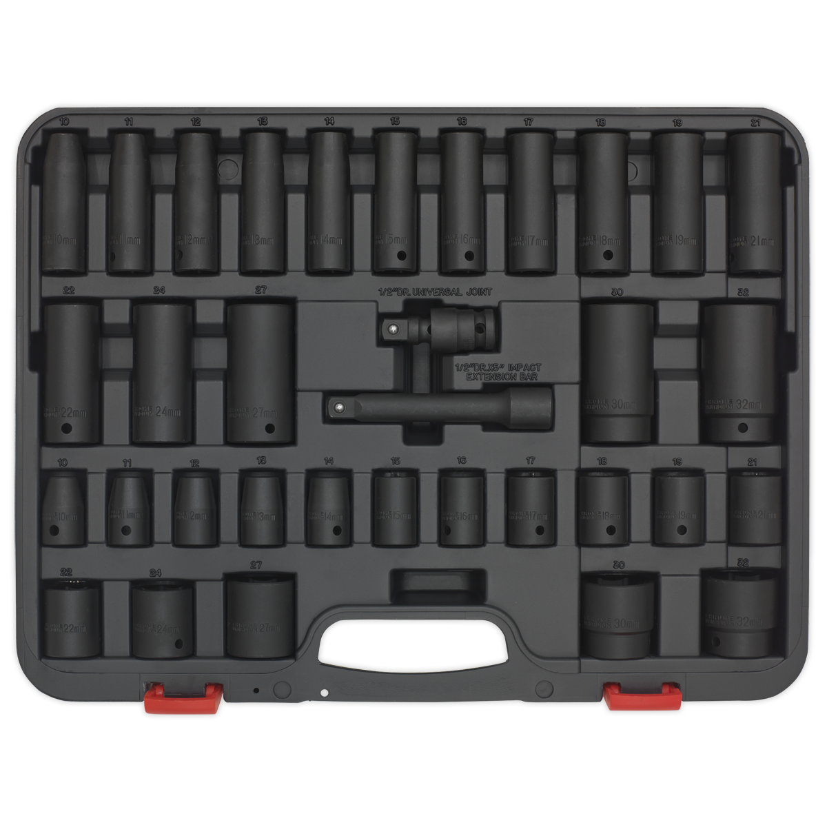 Sealey Impact Socket Set 34 Pieces 1/2" Square Drive Metric Black AK5634M