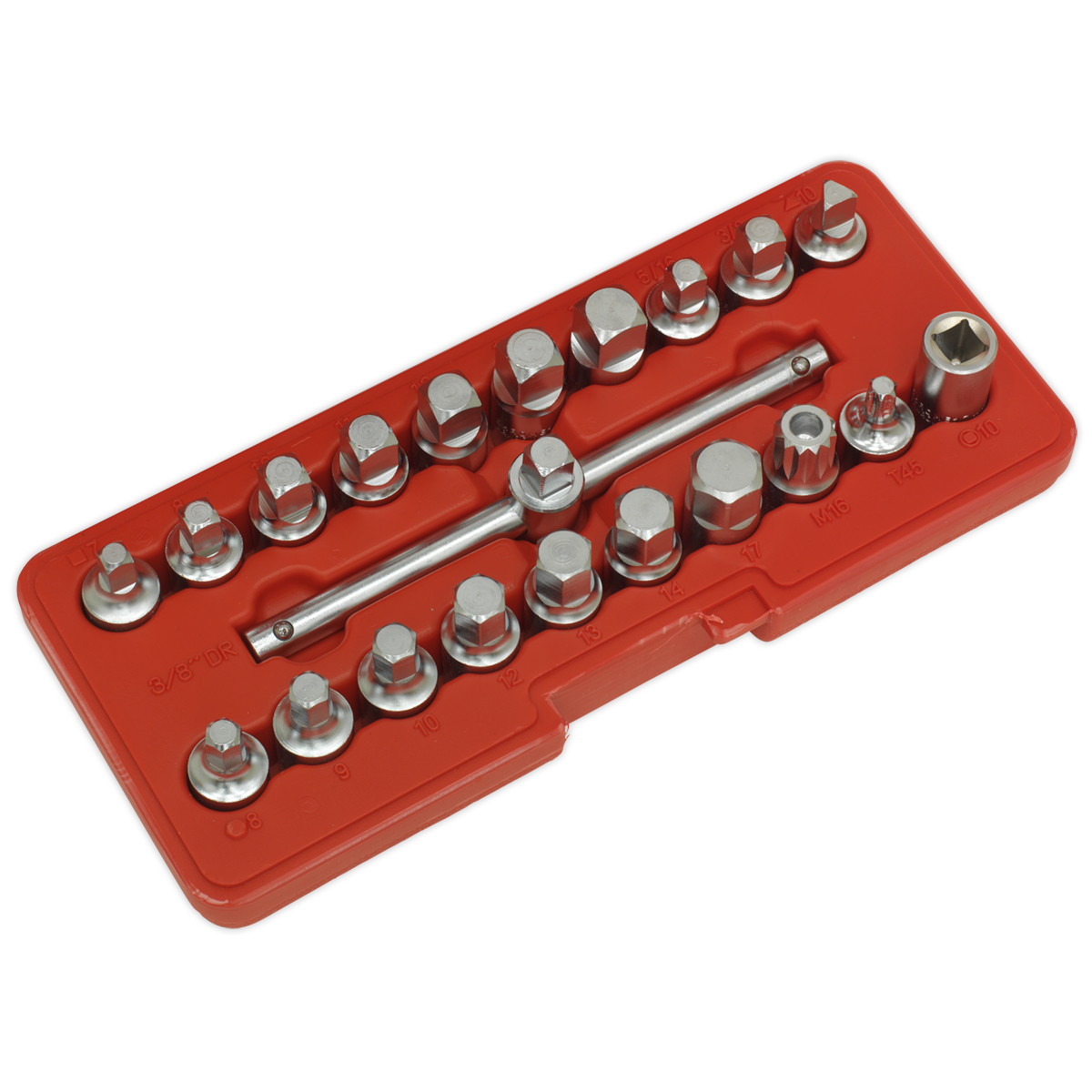 Sealey Oil Drain Plug Key Set 19 Pieces 3/8" Square Drive Sliding T-Bar AK6586