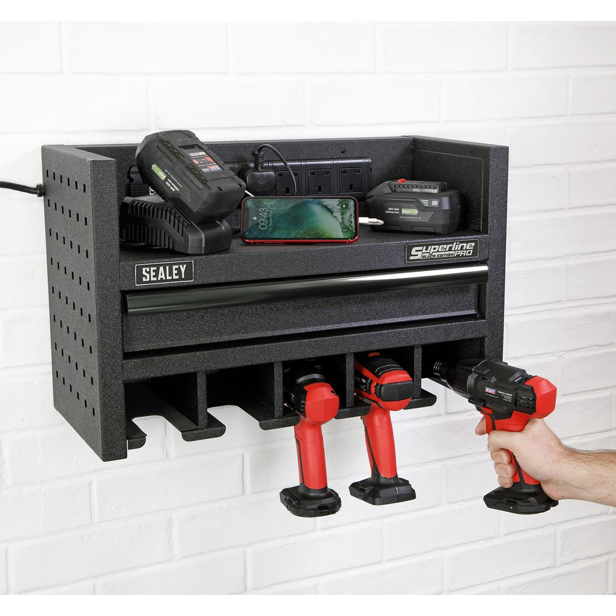 Sealey Power Tool Storage Rack With Drawer & Power Strip - Black AP22SRBE