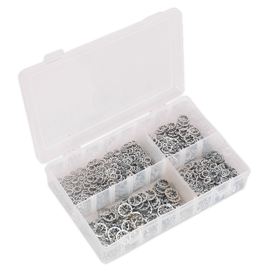 Sealey Lock Washer Assortment 1000 Pieces Serrated Internal Silver AB057LW