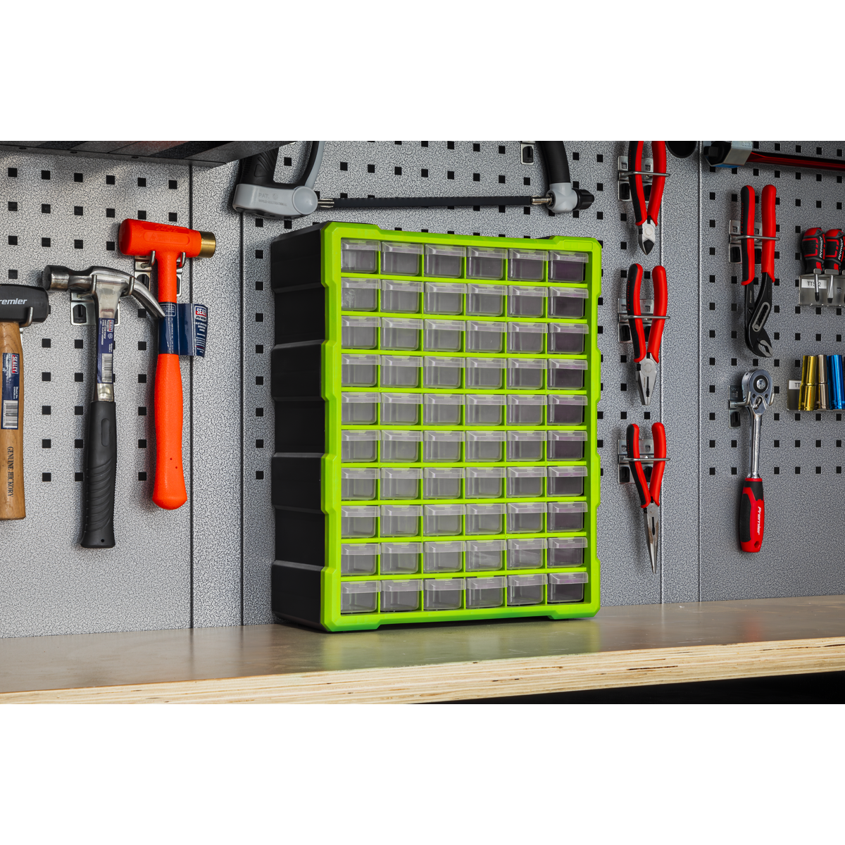 Sealey Cabinet Tool Box 60 Drawer Wall Mountable - Hi-Vis Green/Black APDC60HV