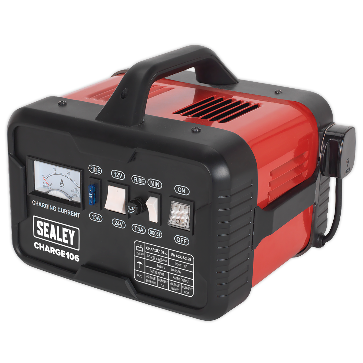 Sealey Battery Charger With Sturdy Carry Handle 8Amp 12V 24V 230V CHARGE106