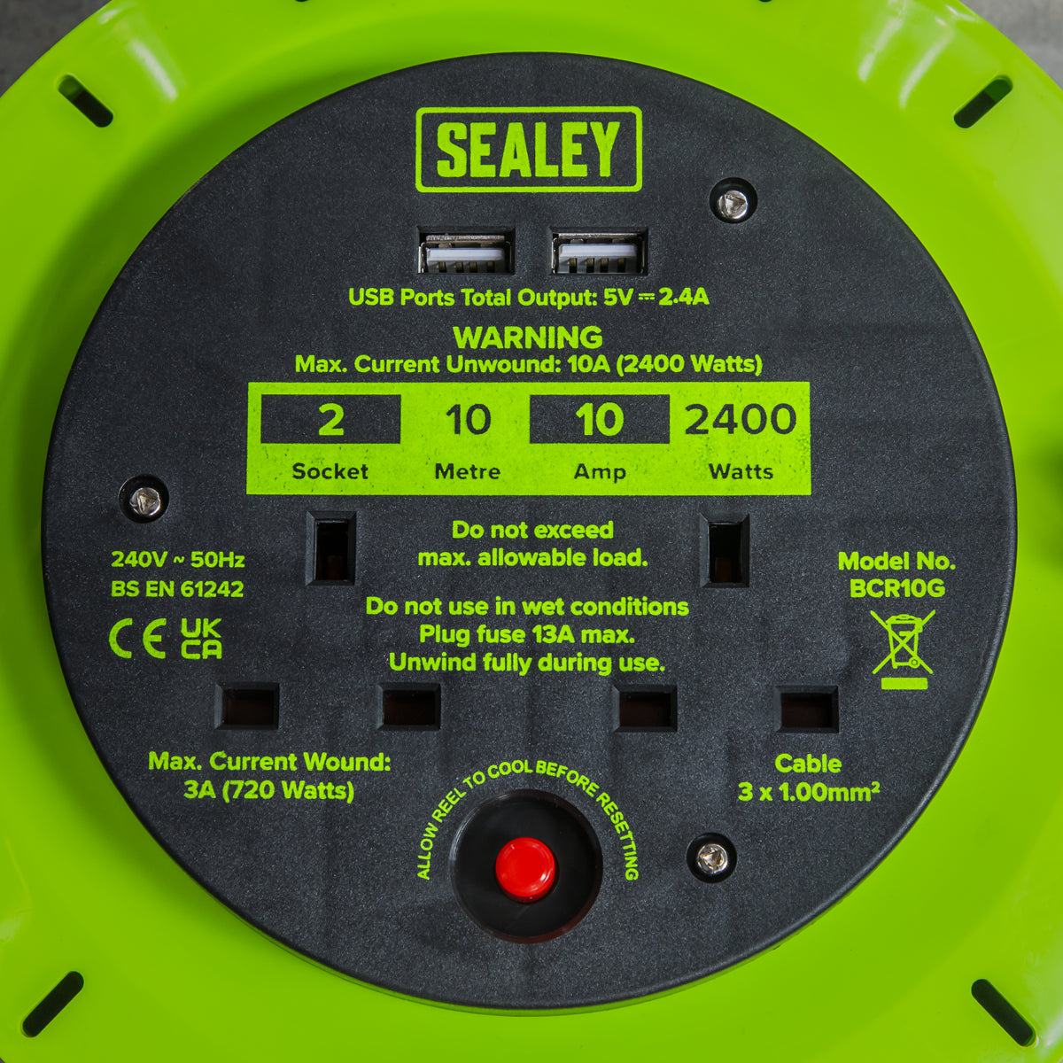 Sealey Cassette Type Cable Reel Green with Thermal Trip 2x 230V 2x USB 10m