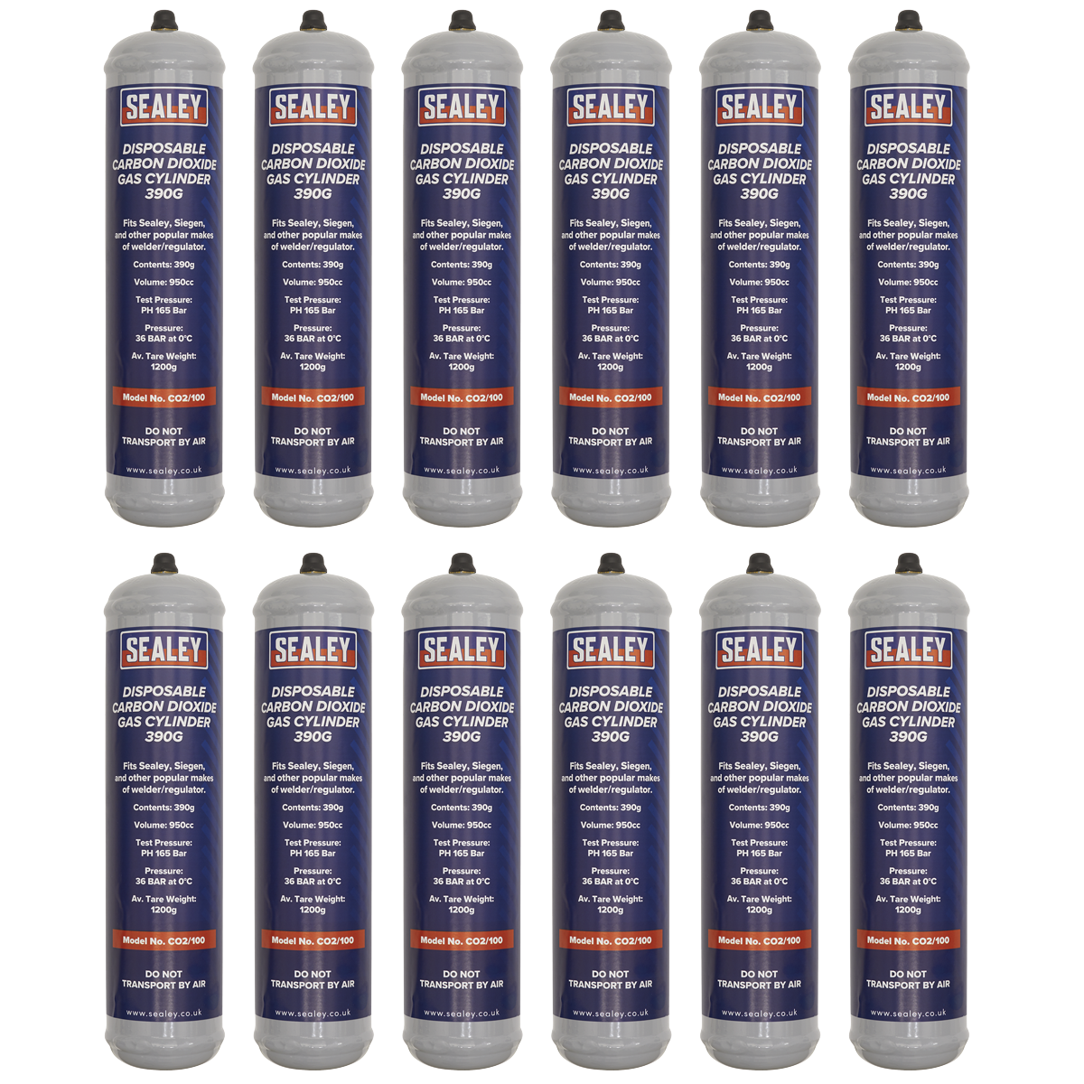Sealey Gas Cylinder Disposable Carbon Dioxide 390g 12 Pieces CO2/100/12